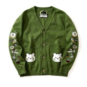Kinwamoster Green Cardigan with Bear and Food Patches